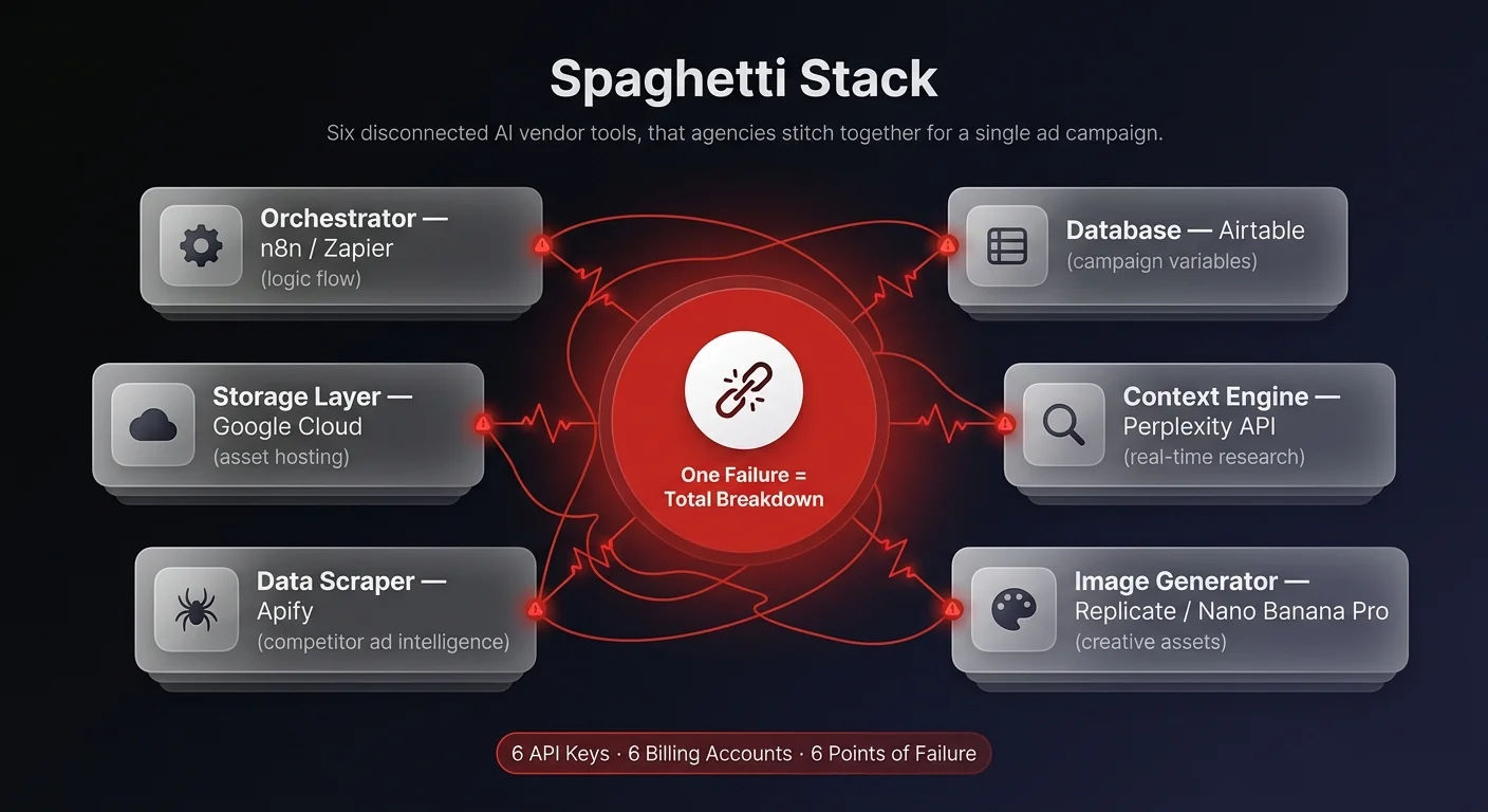 Spaghetti Stack infographic showing 6 disconnected AI vendor tools — orchestrator, database, context engine, image generator, scraper, and storage — connected by fragile webhook lines to a central broken-chain hub