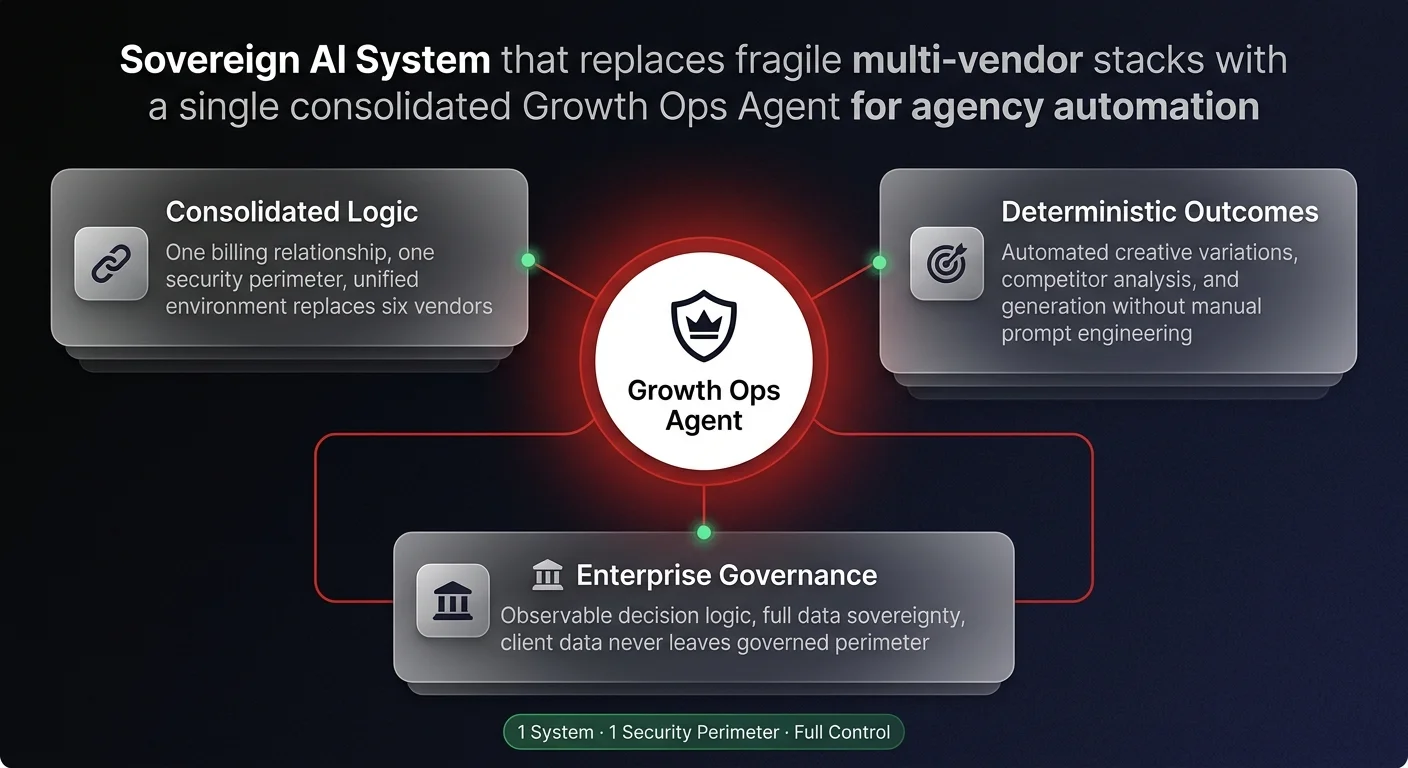 Sovereign AI System infographic showing 3 consolidated Growth Ops Agent benefits — Consolidated Logic, Deterministic Outcomes, and Enterprise Governance — connected by reliable red lines to a central shield hub