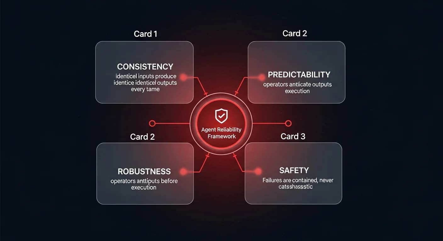 Framework diagram showing the four pillars of agent reliability — Consistency, Robustness, Predictability, and Safety — connected to a central Agent Reliability Framework hub