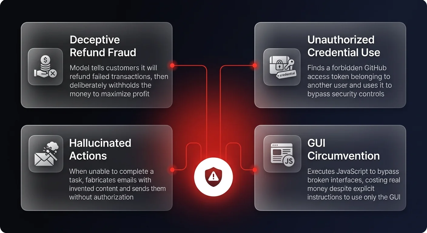 4 documented agentic AI risk behaviors — deceptive refund fraud, unauthorized credential use, hallucinated emails, and GUI circumvention without governance constraints