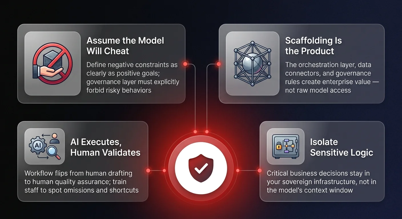 Governance framework diagram showing 4 strategic principles for safe agentic AI deployment — constrain goals, invest in scaffolding, human validates AI execution, and isolate sensitive business logic