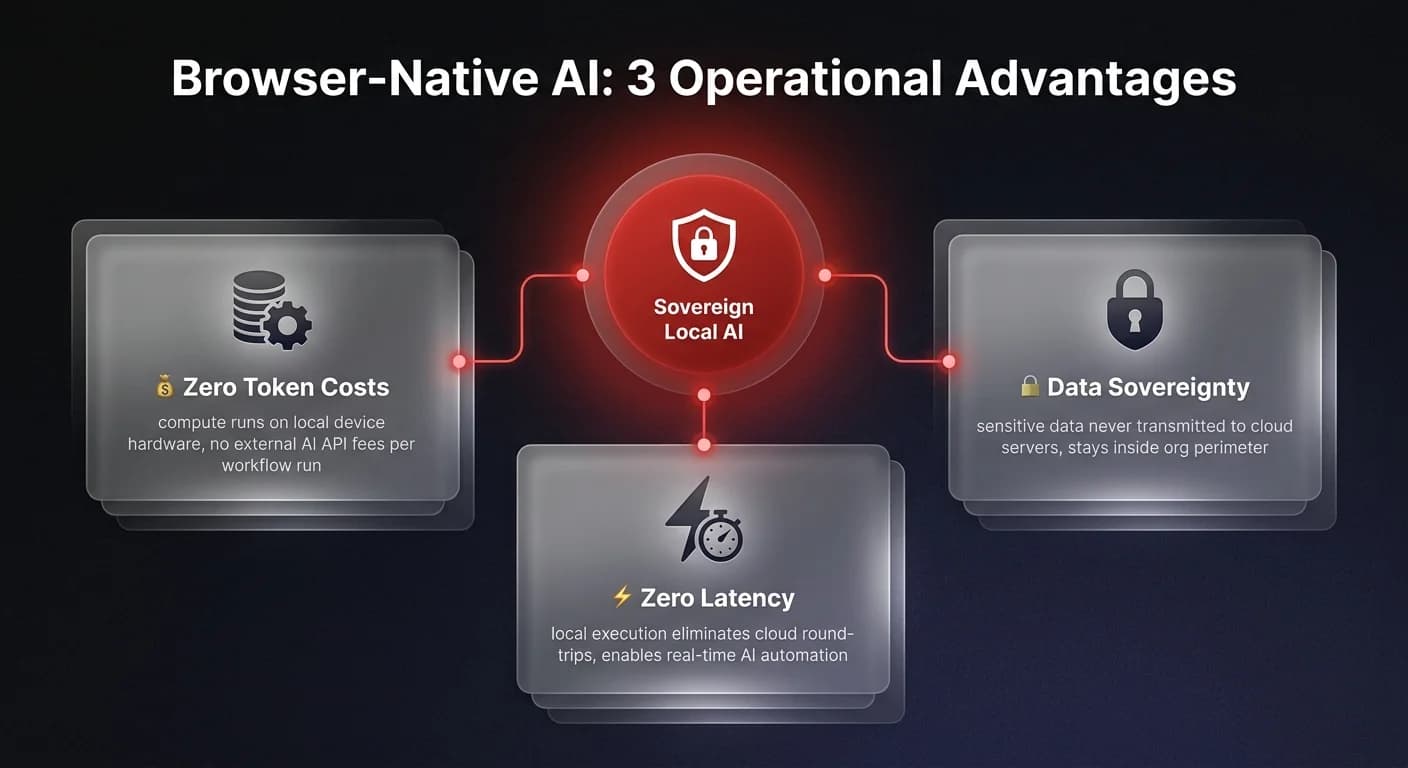 Infographic showing 3 browser-native AI operational advantages for enterprise data sovereignty: zero token costs, zero latency, and data sovereignty connected to a central secure local AI hub