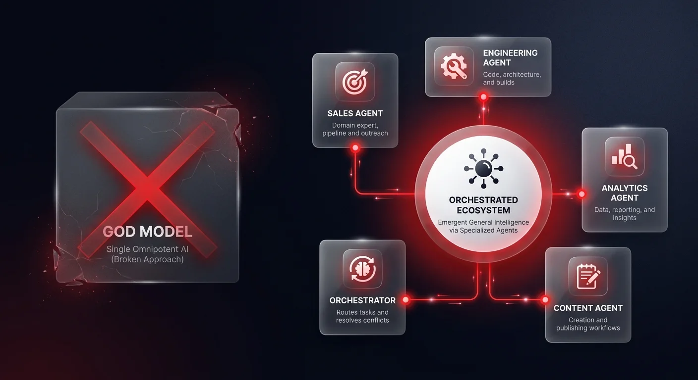 Infographic contrasting the broken 'God Model' single AI approach versus an orchestrated ecosystem of 5 specialized AI agents delivering emergent general intelligence