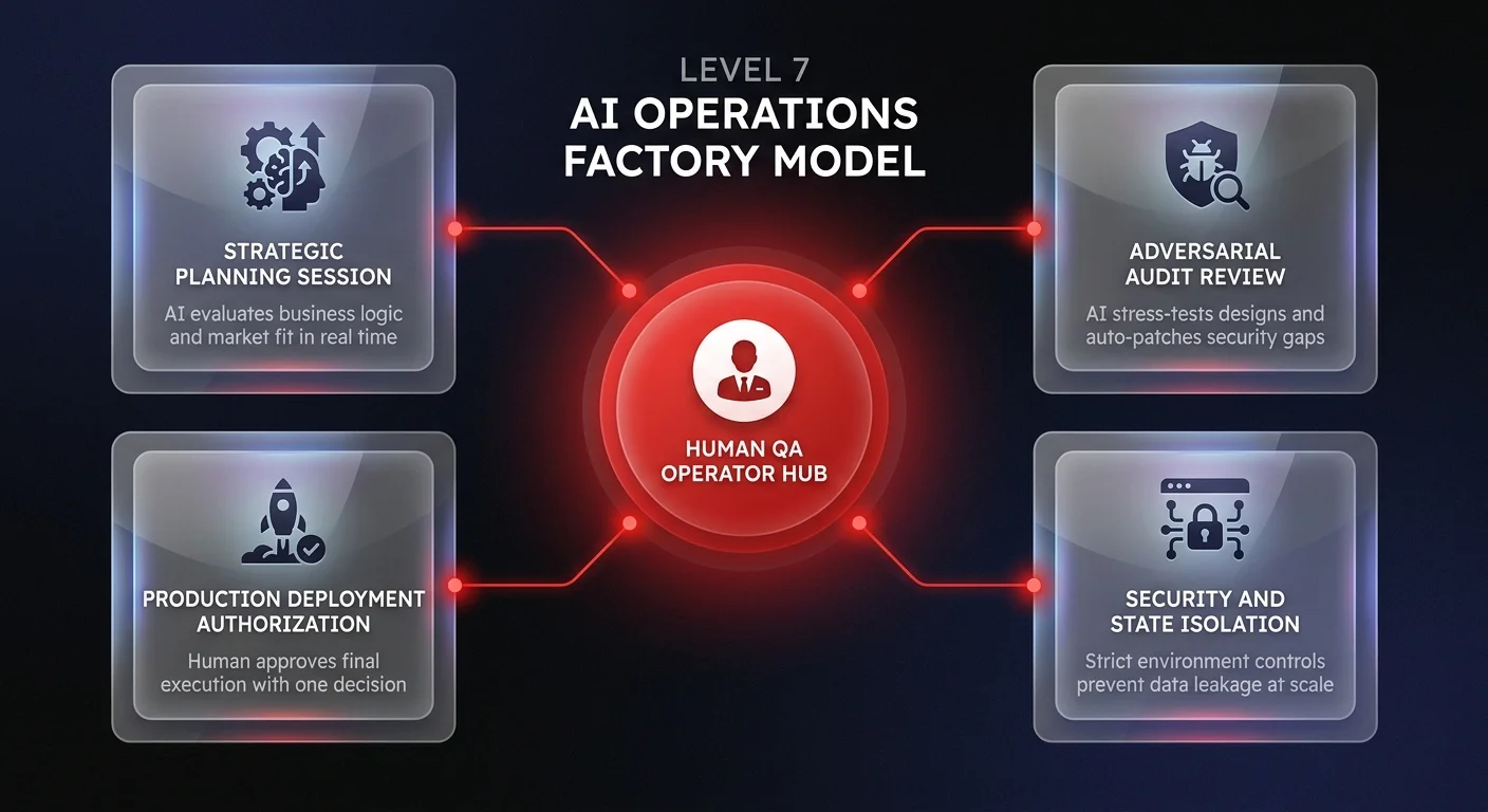 Workflow diagram showing the Level 7 AI Operations Factory with one human operator governing 4 parallel AI agent sessions covering strategic planning, adversarial audit, deployment authorization, and security isolation