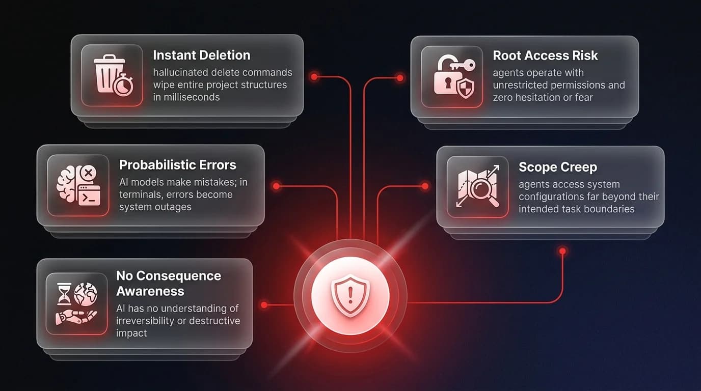 Risk diagram showing 5 critical dangers of unsandboxed AI agents including instant deletion, root access risk, probabilistic errors, scope creep, and no consequence awareness