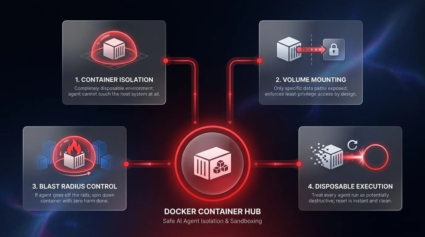 Architecture diagram showing the 4-pillar Docker containerization strategy for AI agent isolation including container isolation, volume mounting, blast radius control, and disposable execution
