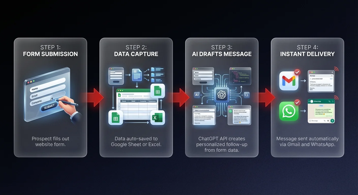Workflow diagram showing 4-step automated lead follow-up system for AI sales ROI — form submission to data capture to AI message drafting to instant Gmail and WhatsApp delivery
