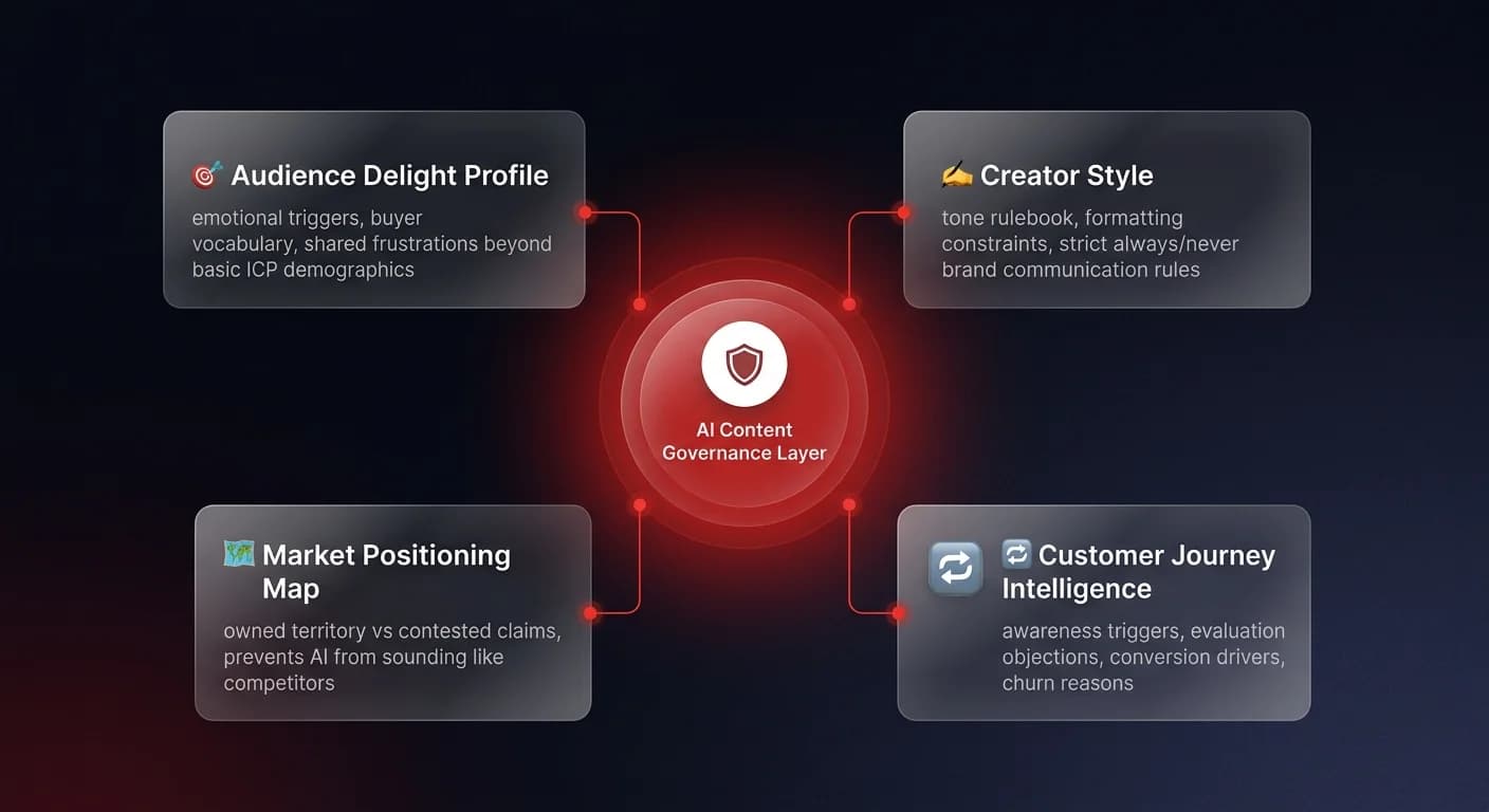 Hub-and-spoke diagram showing the four AI content governance modules - Audience Delight Profile, Creator Style, Market Positioning Map, and Customer Journey Intelligence - surrounding a central governance layer