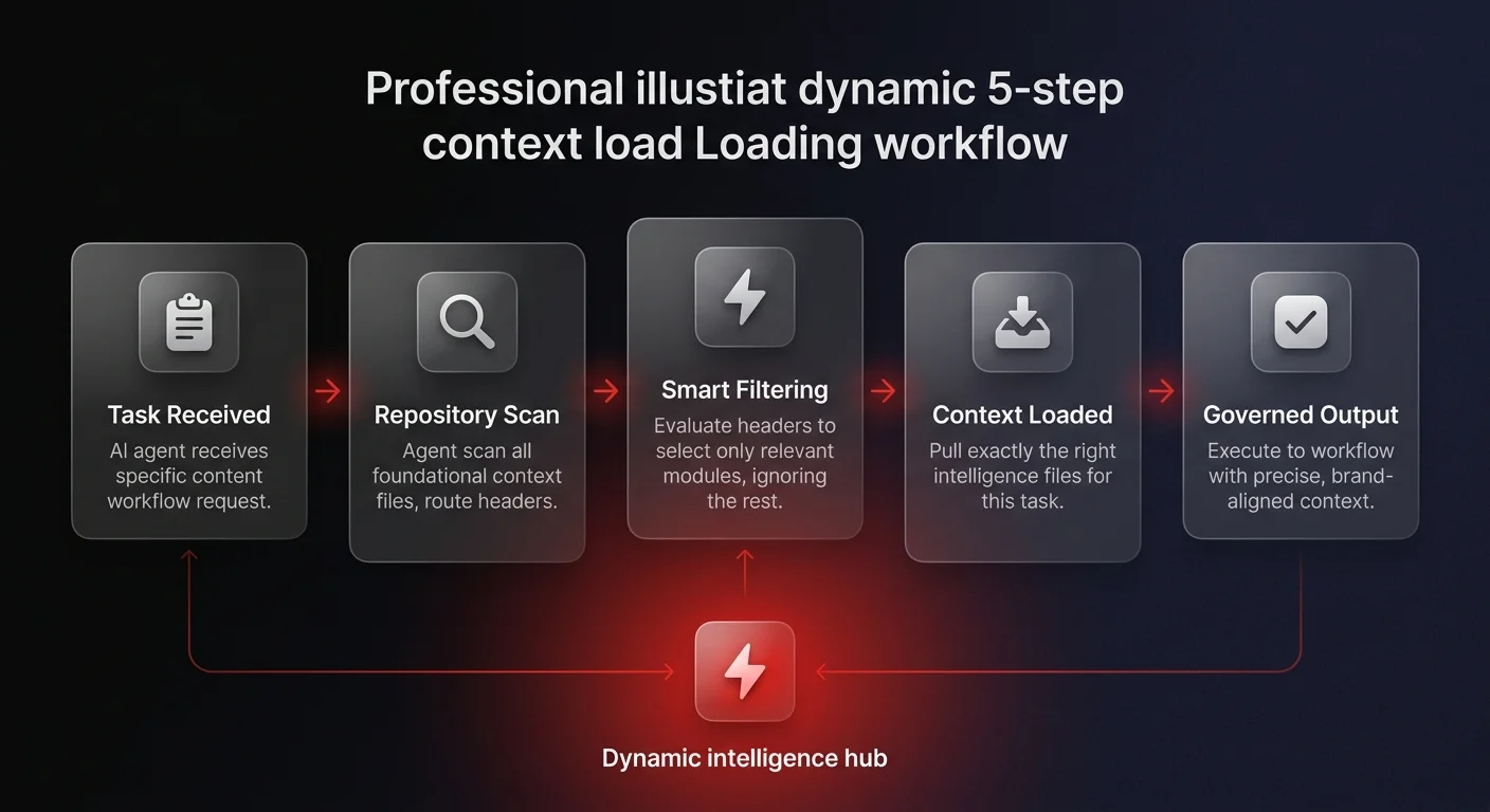 Five-step workflow diagram showing dynamic context loading: Task Received, Repository Scan, Smart Filtering, Context Loaded, and Governed Output for AI content governance