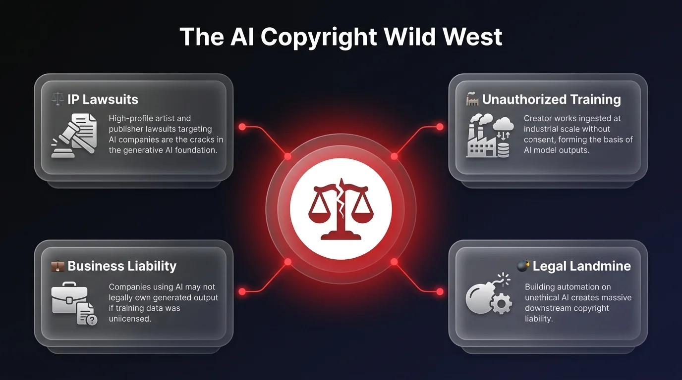 Infographic diagram showing 4 AI copyright risks: IP lawsuits, unauthorized training data, business liability, and legal landmine threats for enterprises