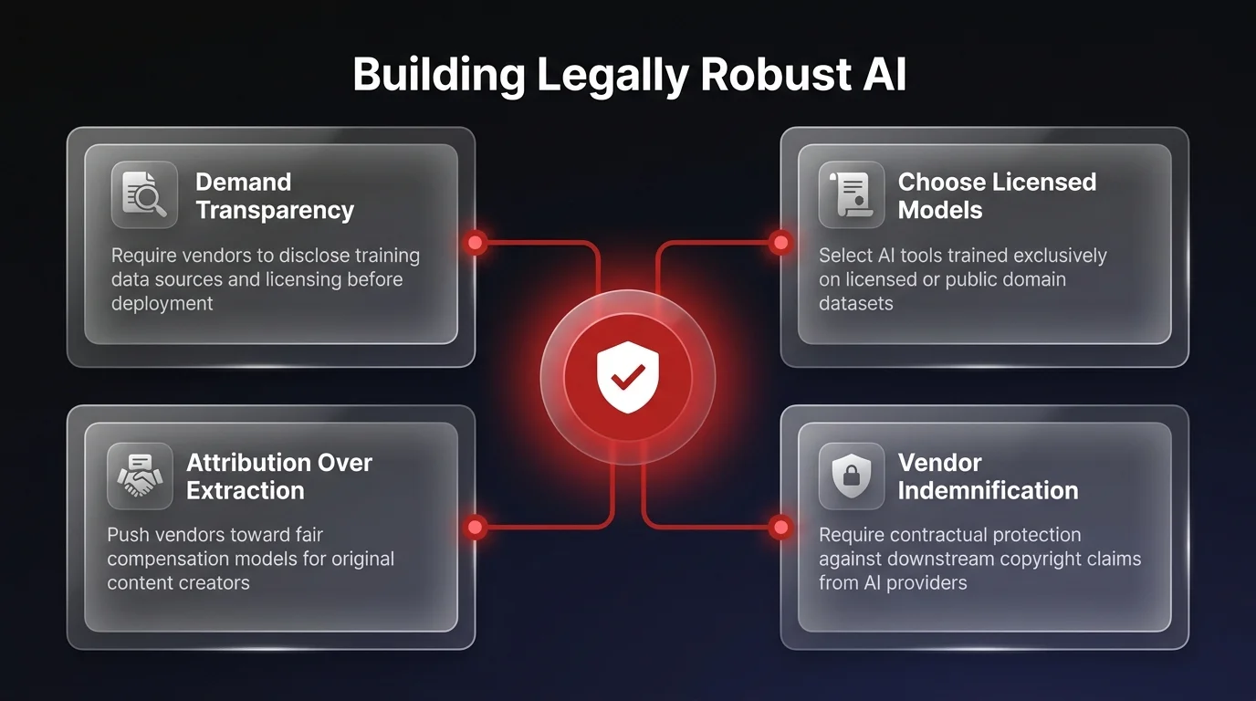 Infographic diagram showing 4 steps to build legally robust AI: demand transparency, choose licensed models, attribution over extraction, and vendor indemnification
