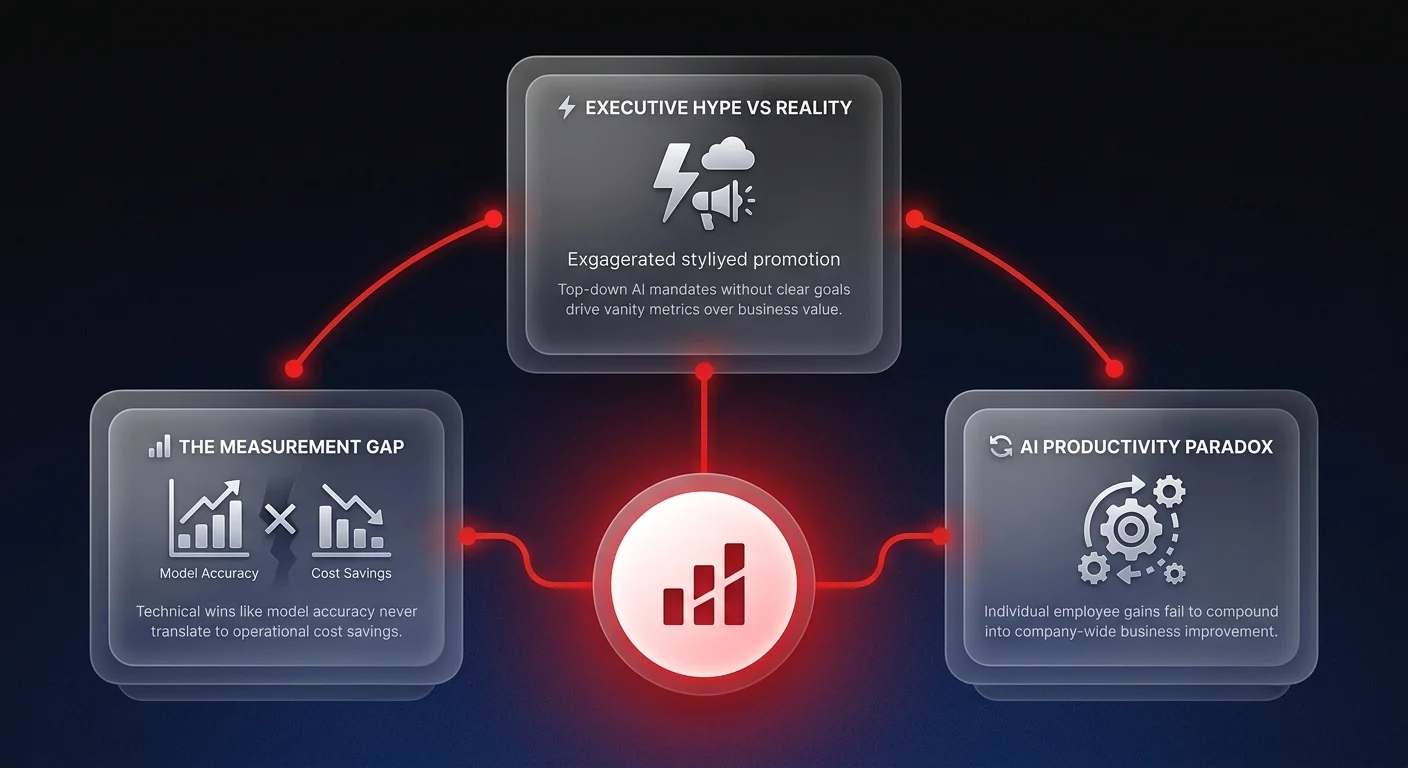 Diagram showing the 3 critical failures blocking accurate AI impact measurement: Executive Hype vs Reality, the Measurement Gap between technical wins and business value, and the AI Productivity Paradox