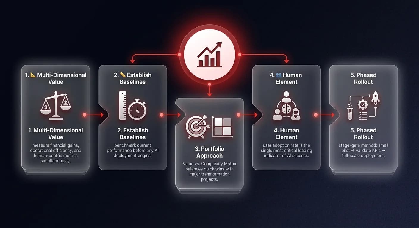 5-step framework diagram for measuring AI business impact showing Multi-Dimensional Value, Establish Baselines, Portfolio Approach, Human Element, and Phased Rollout connected by directional arrows
