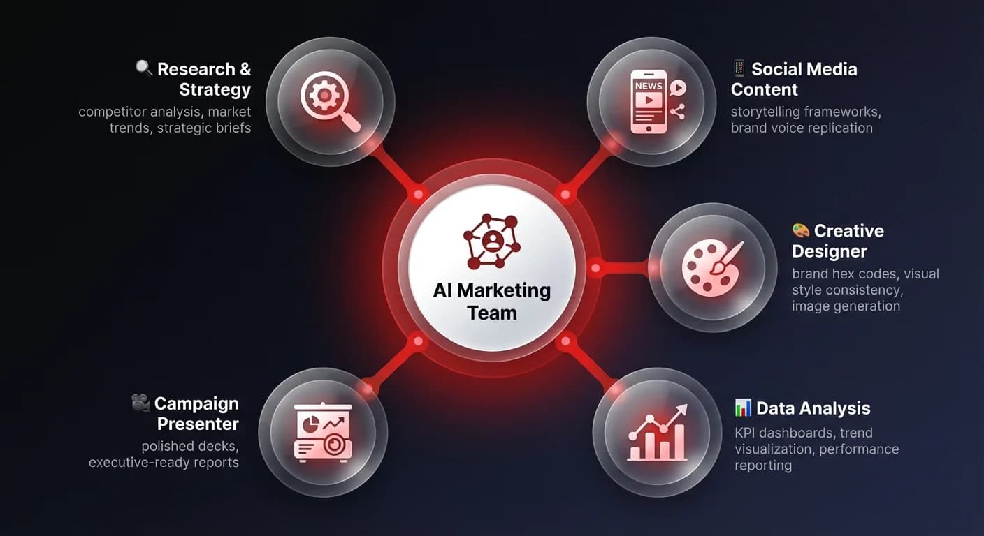 Hub-and-spoke infographic showing 5 AI marketing agent skills — Research and Strategy, Social Media Content, Creative Designer, Data Analysis, and Campaign Presenter — arranged around a central AI Marketing Team hub