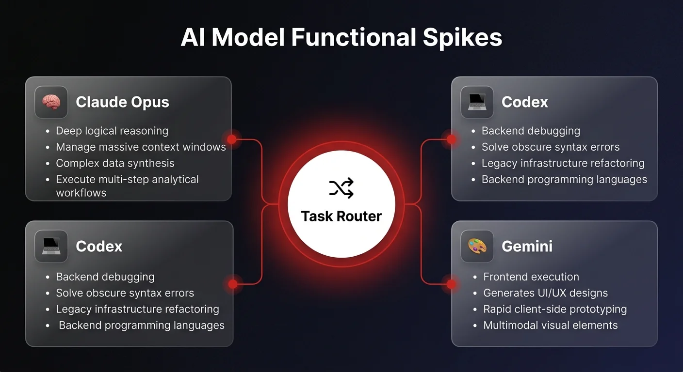 Diagram showing 3 AI model functional spikes — Claude Opus for enterprise reasoning, Codex for backend debugging, and Gemini for frontend execution — routing tasks from a central hub