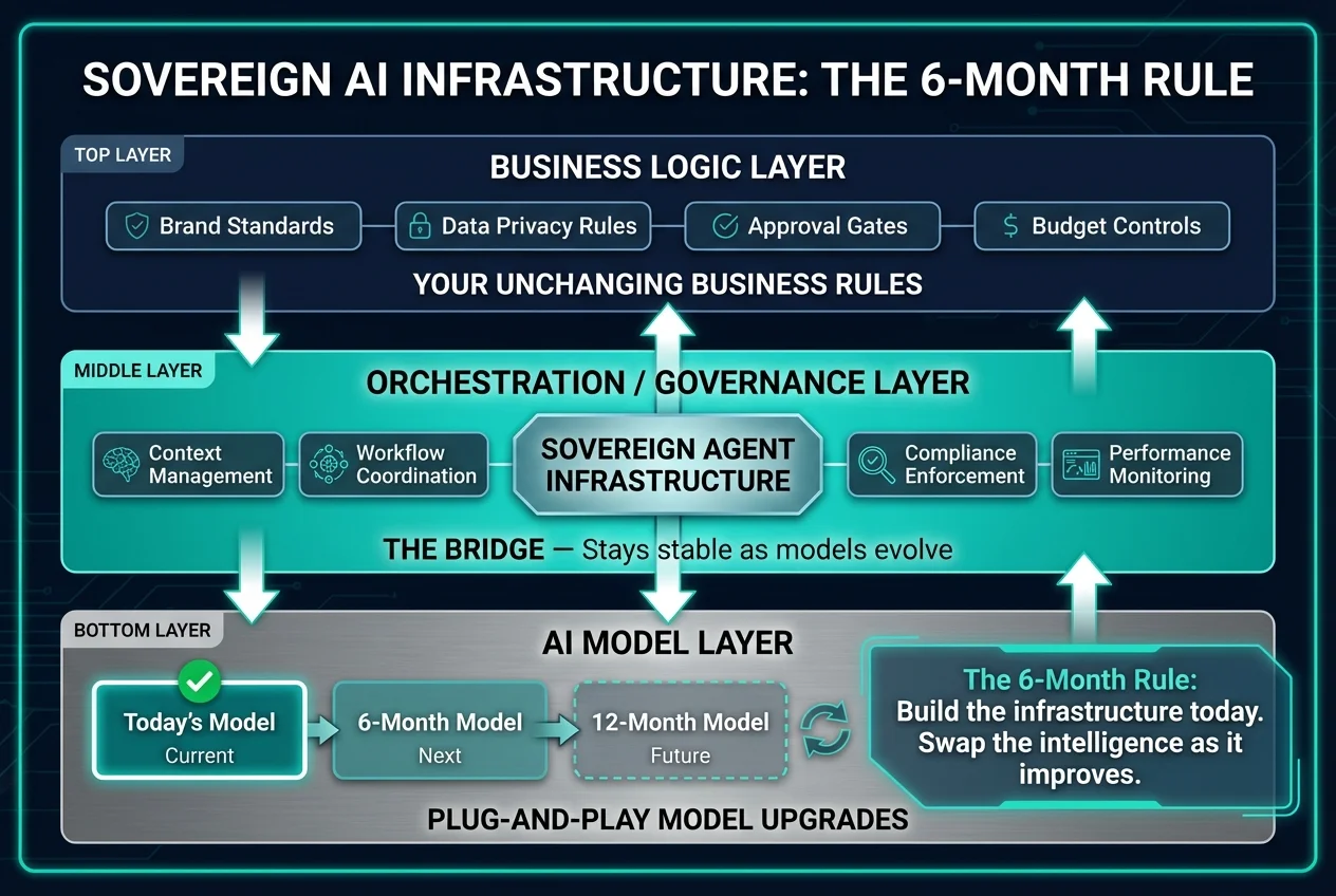 Sovereign AI infrastructure architecture diagram showing three layers: Business Logic Layer (brand standards, data privacy, approval gates), Sovereign Agent Infrastructure orchestration layer, and plug-and-play AI Model Layer with current, next, and future model slots