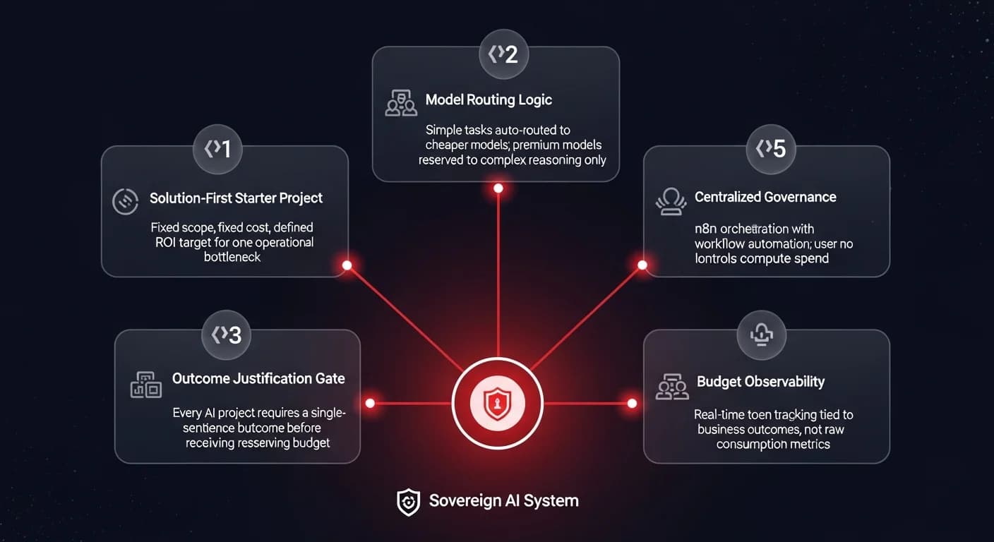 Sovereign AI Agent System architecture diagram showing 5 governance components including model routing logic, outcome justification gate, centralized n8n orchestration, and budget observability controls