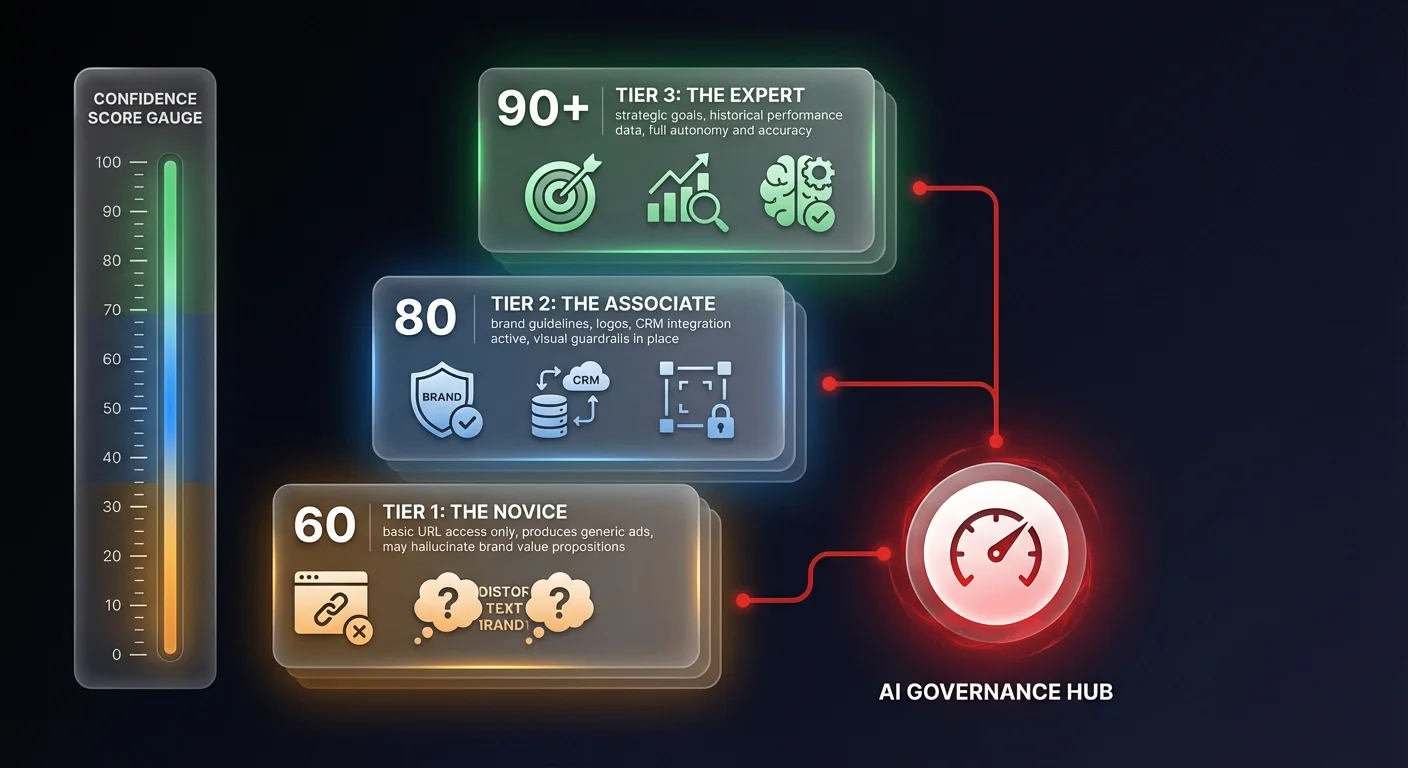 3-tier confidence score framework diagram for autonomous marketing agents showing Novice (60), Associate (80), and Expert (90+) levels with increasing autonomy and accuracy