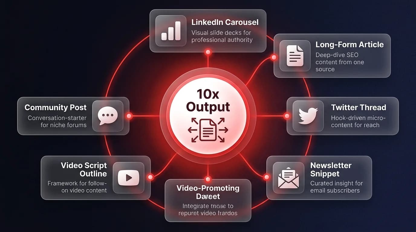 Hub-and-spoke infographic showing one B2B content source of truth generating 10x output across LinkedIn carousels, articles, Twitter threads, newsletters, video outlines, and community posts