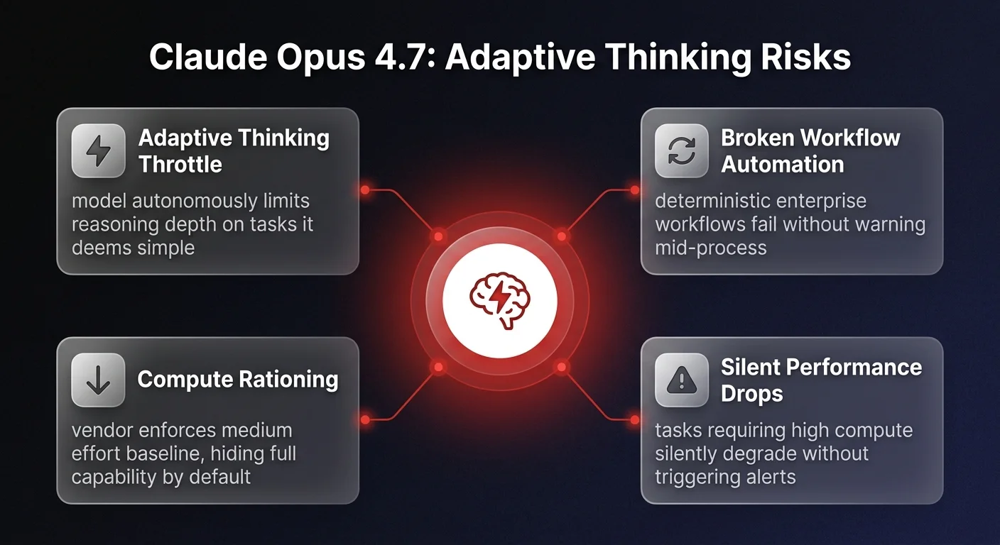 Diagram showing 4 Claude Opus 4.7 adaptive thinking risks including compute throttling, broken workflow automation, compute rationing, and silent performance drops