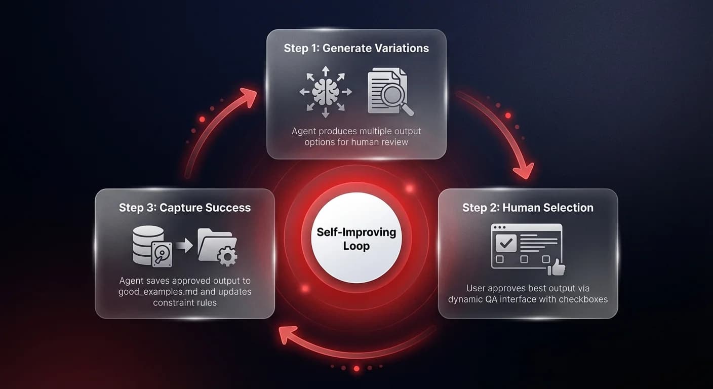 Process diagram showing a 3-step self-improving loop for agent skills — Generate Variations, Human Selection, and Capture Success — arranged in a clockwise circular flow with red directional arrows
