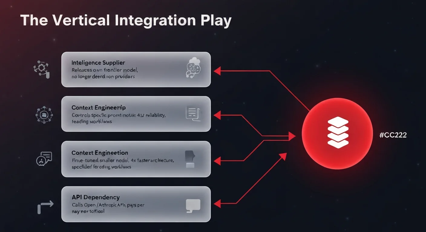 Diagram showing the 5-stage vertical integration play — from API dependency through speed optimization and stack ownership to becoming an intelligence supplier