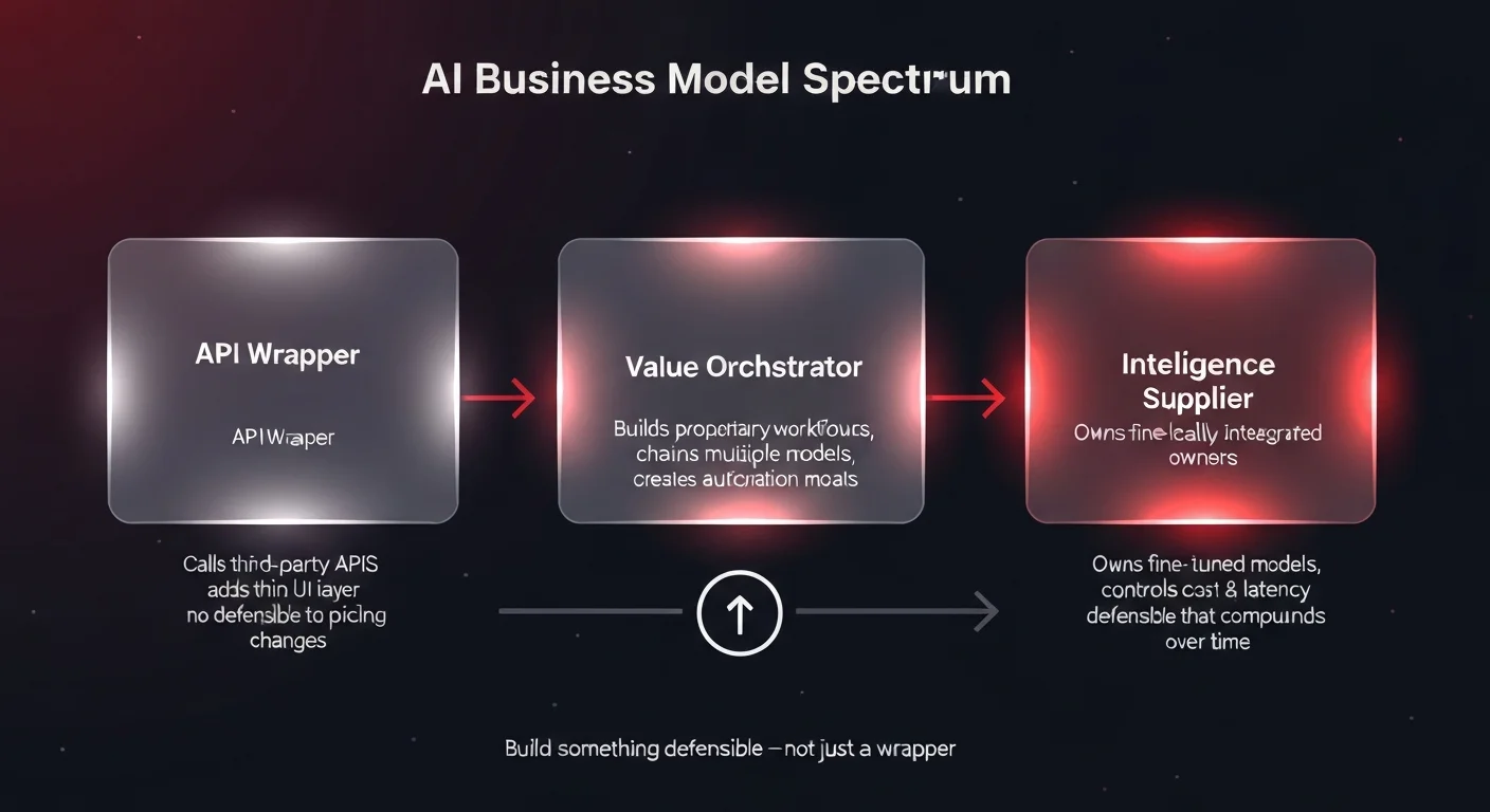 Diagram showing the AI business model spectrum — three archetypes from API wrapper to value orchestrator to intelligence supplier with increasing defensibility