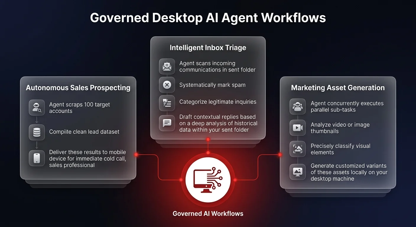 Workflow diagram showing 3 governed desktop AI agent workflows — autonomous sales prospecting, intelligent inbox triage, and marketing asset generation connected to a central operations hub