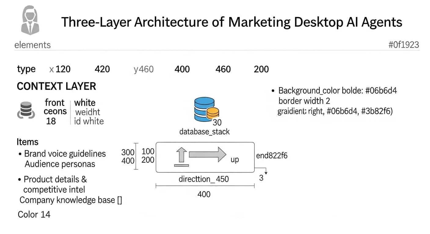 Three-layer architecture of marketing desktop AI agents — Context Layer (brand knowledge), Skill Layer (reusable prompt frameworks), and Orchestration Layer (MCP-connected desktop AI) — all running locally on individual hardware