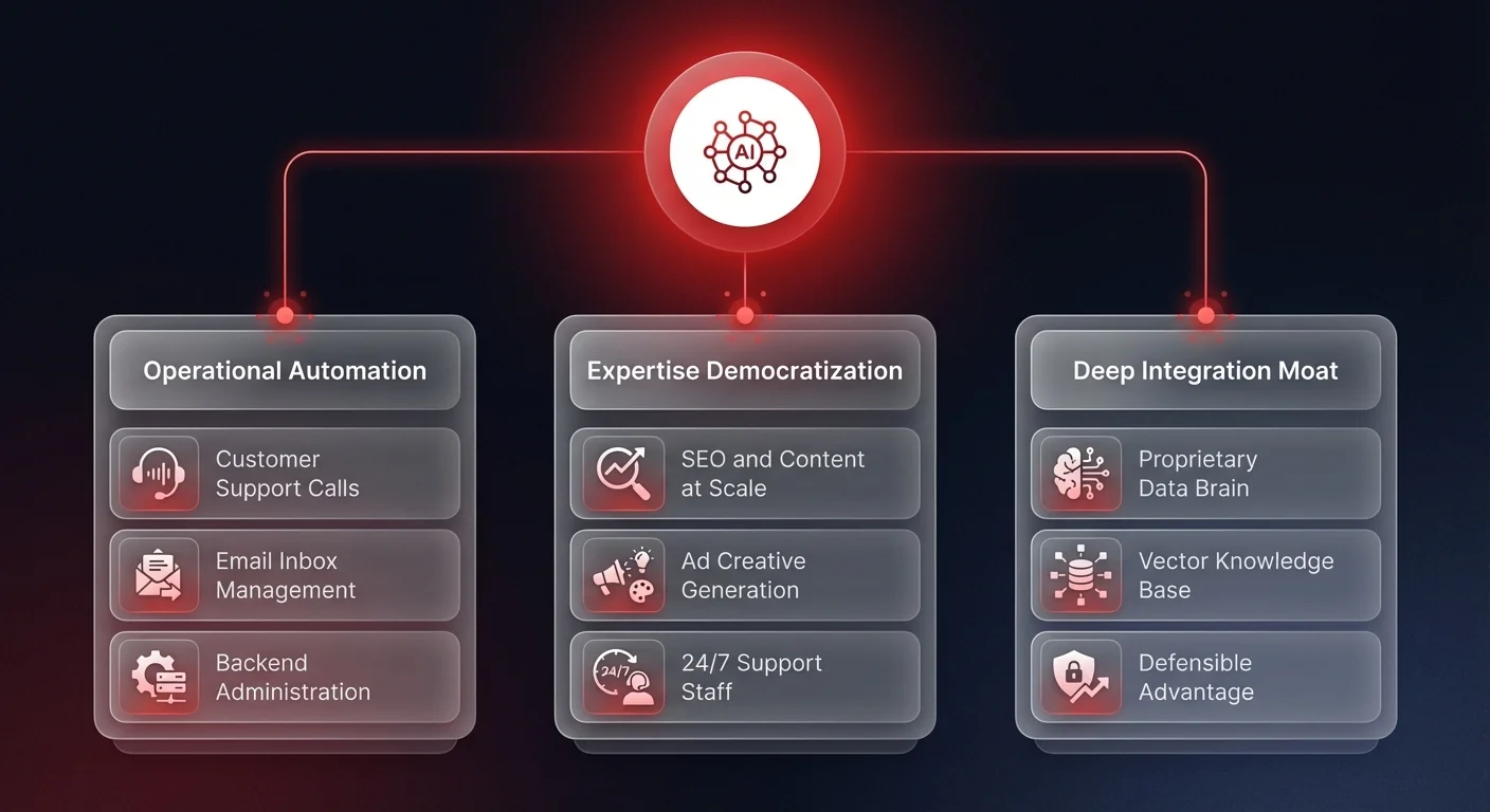 Three-pillar diagram showing Operational Automation, Expertise Democratization, and Deep Integration Moat as the three pillars of an e-commerce AI workforce connected to a central AI Engine hub