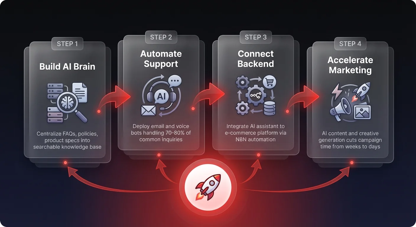 4-step roadmap diagram for building an e-commerce AI engine showing Build AI Brain, Automate Support, Connect Backend, and Accelerate Marketing steps connected by directional arrows