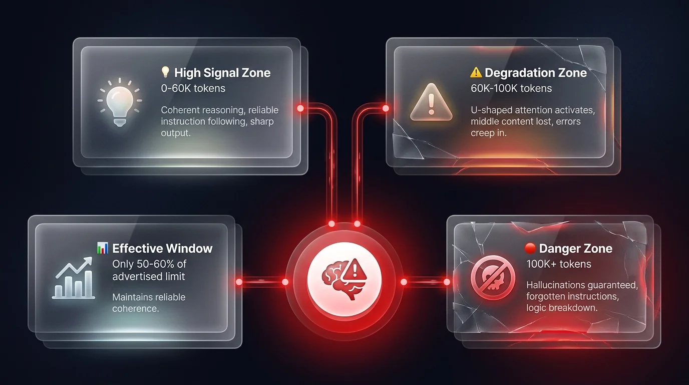 Performance diagram showing three AI context window zones: high signal zone (0-60K tokens), degradation zone (60K-100K tokens), and danger zone above 100K tokens where hallucinations become guaranteed