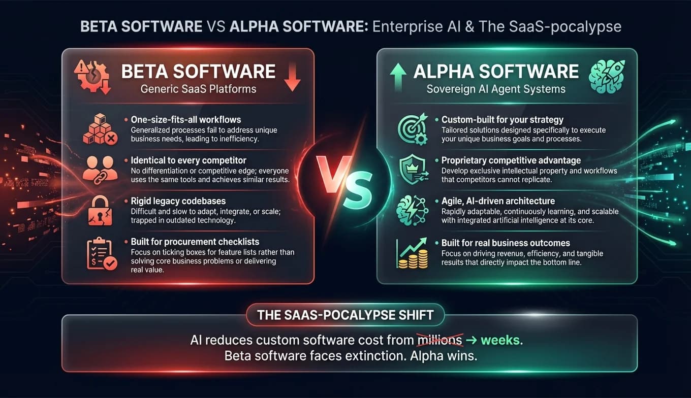Comparison infographic showing Beta Software (generic SaaS with one-size-fits-all workflows, rigid legacy codebases) versus Alpha Software (sovereign AI agent systems with proprietary competitive advantage and custom-built outcomes) — illustrating the SaaS-pocalypse shift