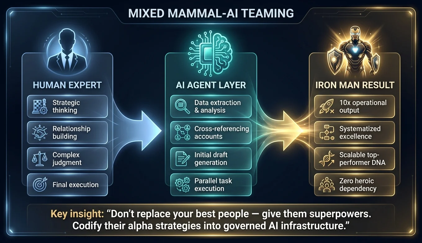 Mixed Mammal-AI Teaming diagram showing Human Expert capabilities (strategic thinking, relationship building) combined with AI Agent Layer (data extraction, parallel execution) producing Iron Man Result outcomes (10x operational output, systematized excellence, scalable top-performer DNA)