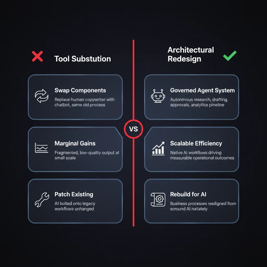 Comparison diagram showing tool substitution versus architectural redesign for AI adoption, with six glassmorphism cards illustrating marginal gains versus scalable governed agent systems