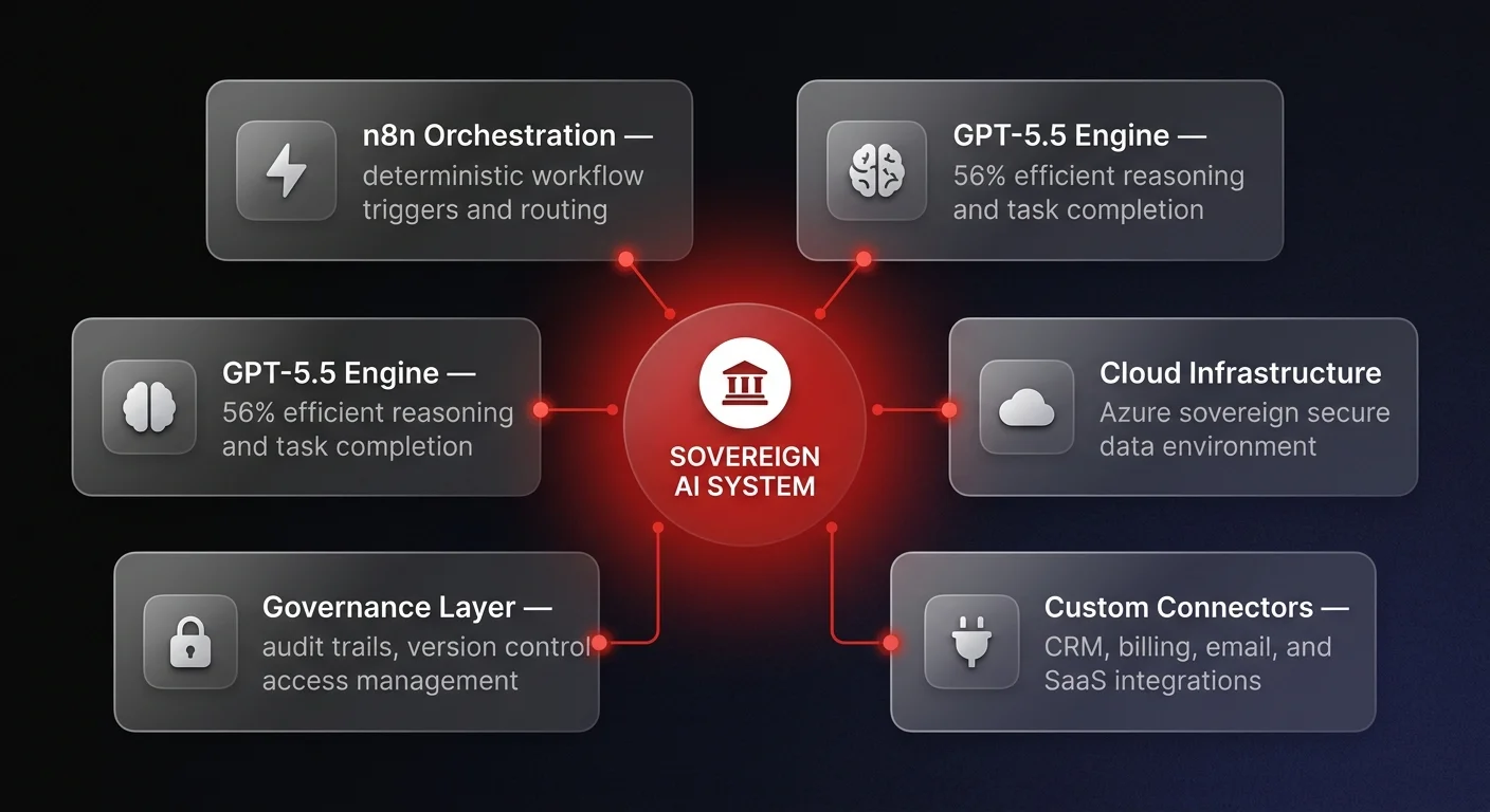 Architecture diagram showing 5-component sovereign AI system with n8n orchestration, GPT-5.5 engine, cloud infrastructure, governance layer, and custom connectors replacing SaaS sprawl