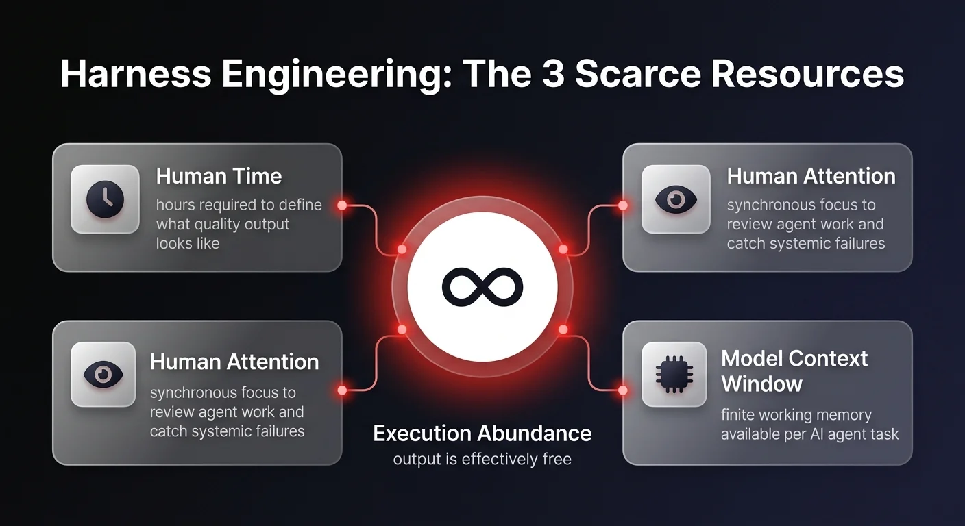 Infographic showing the three scarce resources in harness engineering — human time, human attention, and model context window — with execution abundance at the center