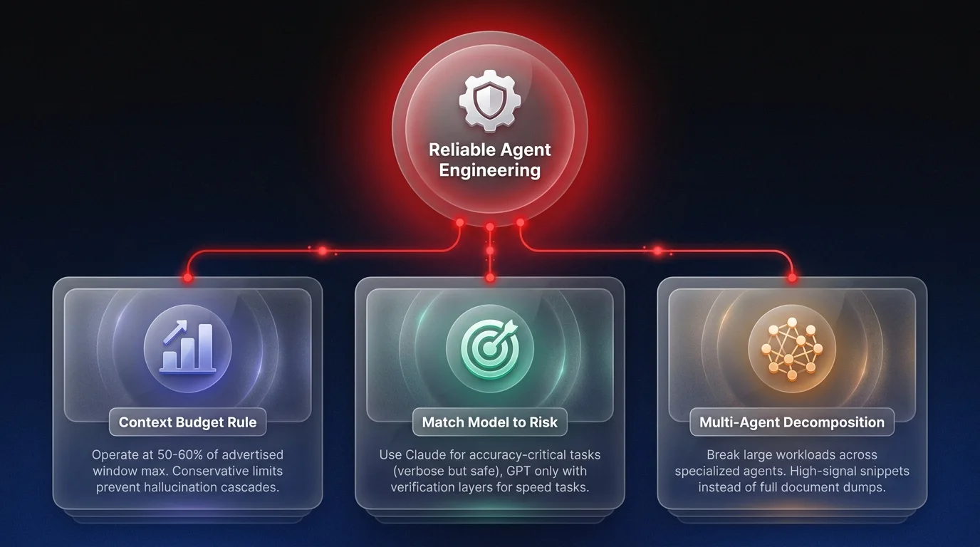 Three-strategy infographic showing context budget rules, model-to-risk matching, and multi-agent decomposition for reliable AI agent engineering against context degradation