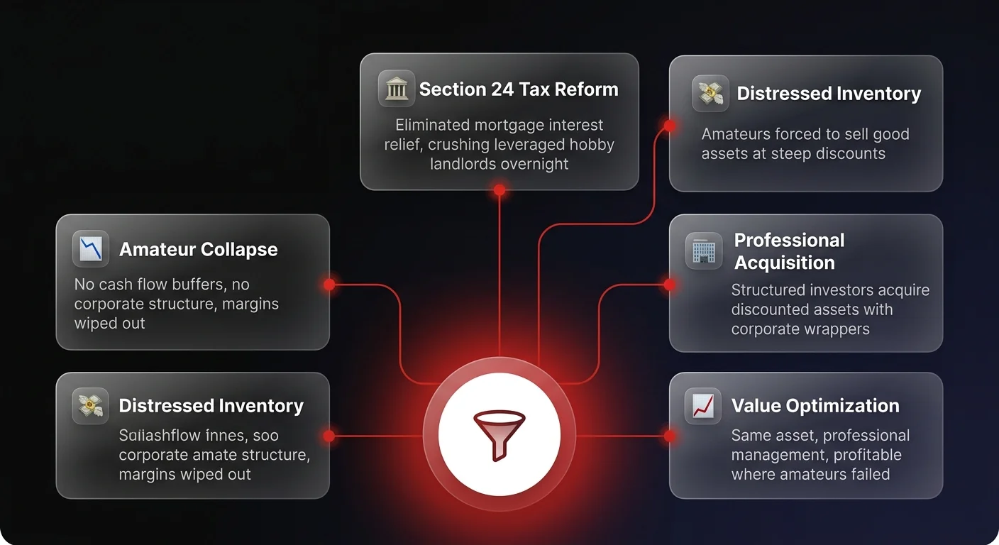 Filter mechanism diagram showing how Section 24 tax reform separates professional property investors from amateur landlords, creating discounted acquisition opportunities