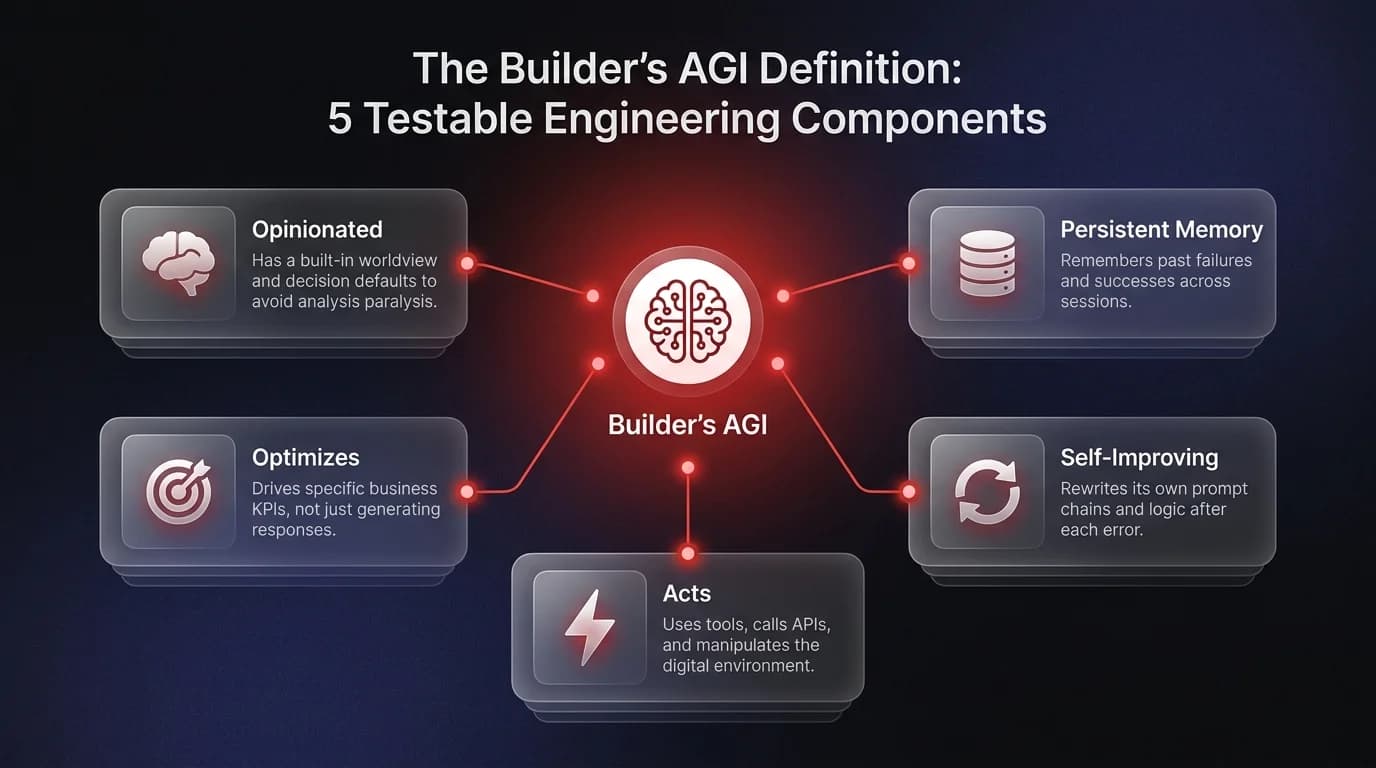 Diagram showing the 5 testable engineering components of the builder's AGI definition — opinionated, persistent memory, self-improving, acts, and optimizes toward a goal