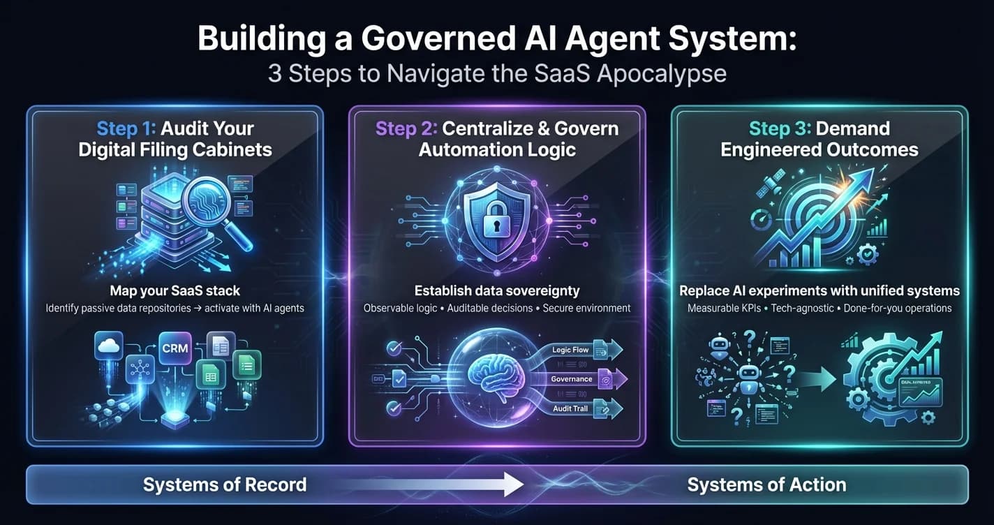 Three-step framework for building a governed AI agent system: audit SaaS stack, centralize automation logic, and demand engineered outcomes