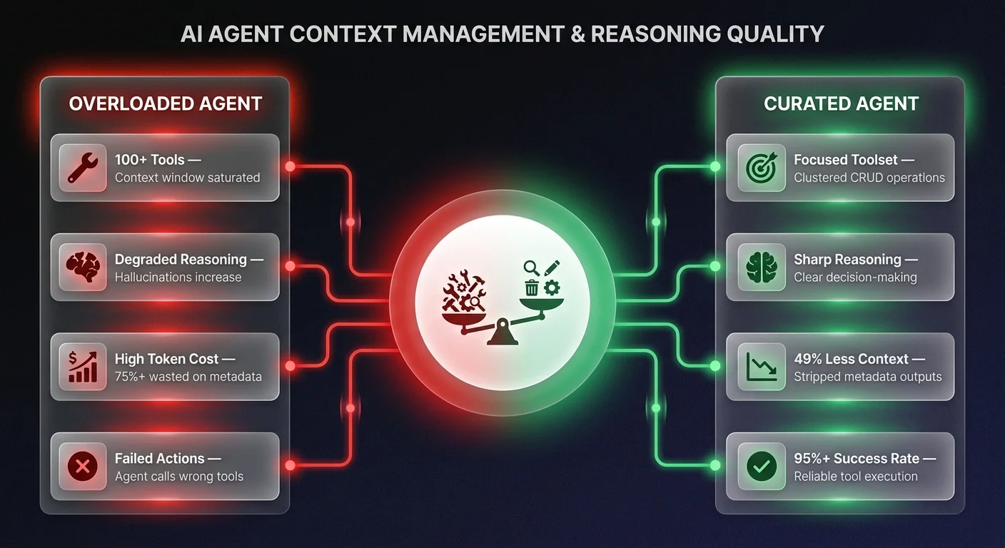 Comparison diagram showing overloaded AI agent with 100+ tools causing context overflow versus curated agent with focused toolset achieving 95%+ success rate when scaling AI agents