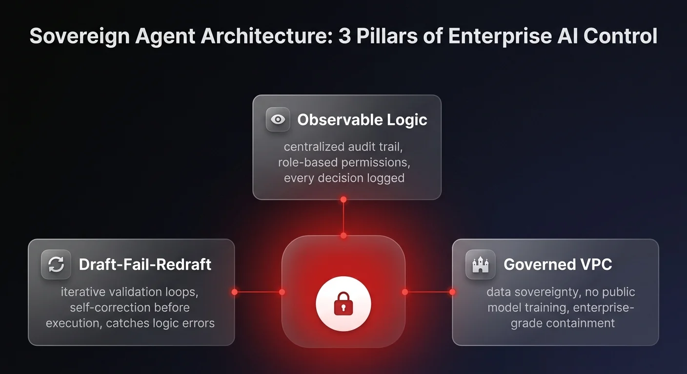 Sovereign enterprise AI architecture diagram showing 3 pillars: Draft-Fail-Redraft validation loops, Observable Logic with centralized audit trail, and Governed VPC for data sovereignty