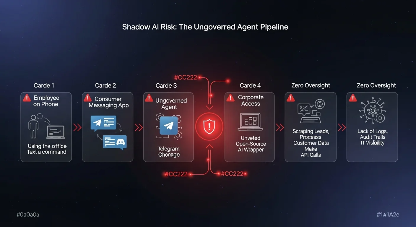 Flow diagram showing the shadow AI ungoverned agent pipeline: employee on phone, consumer messaging app, ungoverned local agent, corporate data access, and zero IT oversight