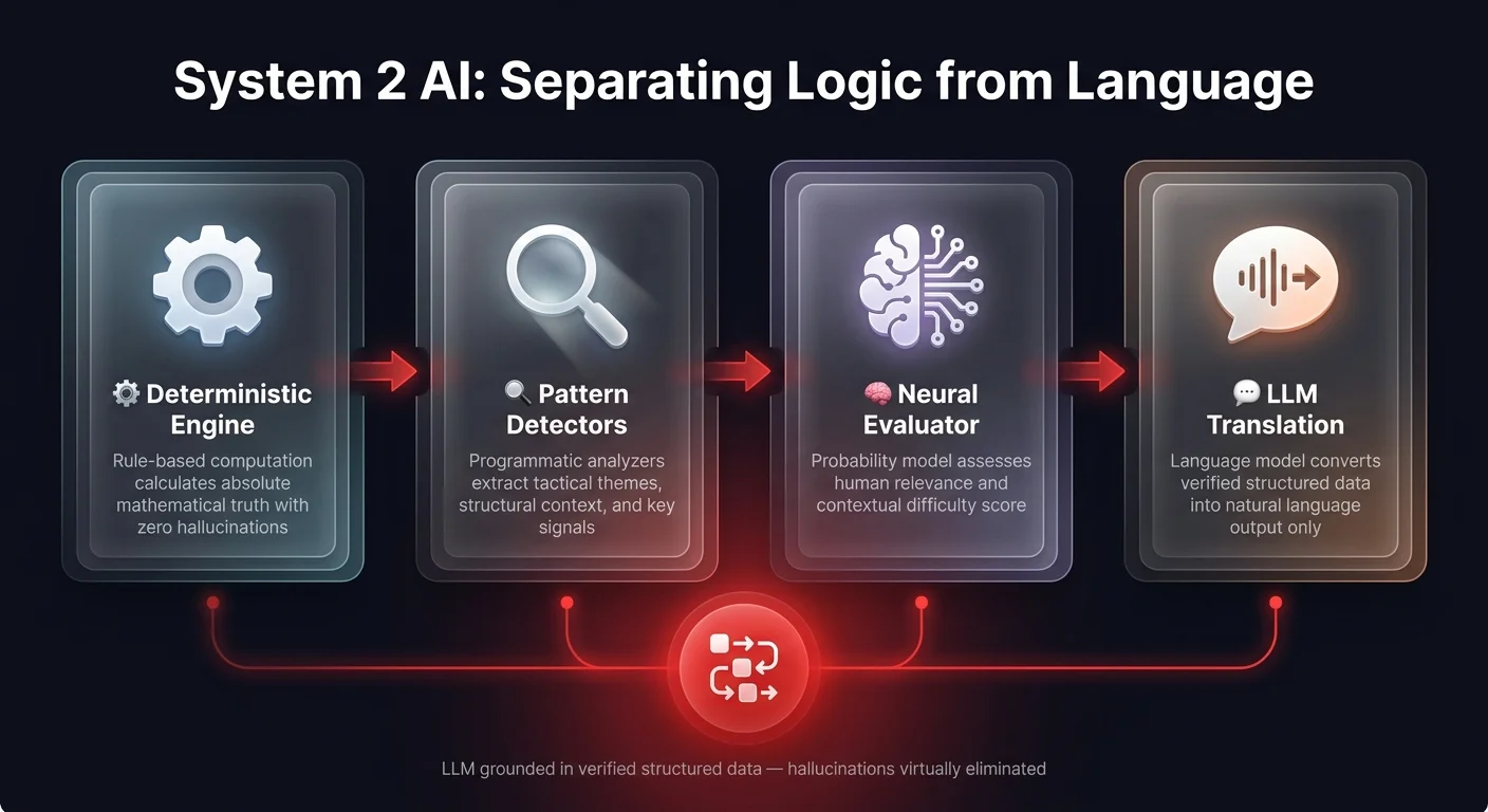 System 2 AI architecture pipeline diagram showing 4 sequential stages: Deterministic Engine, Pattern Detectors, Neural Evaluator, and LLM Translation Layer for hallucination-free enterprise AI operations