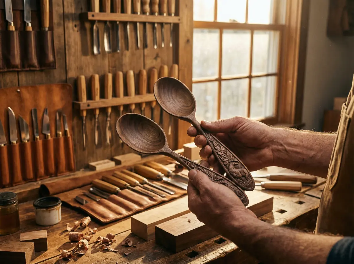 Craftsman hands with woodcarving tools in artisan workshop