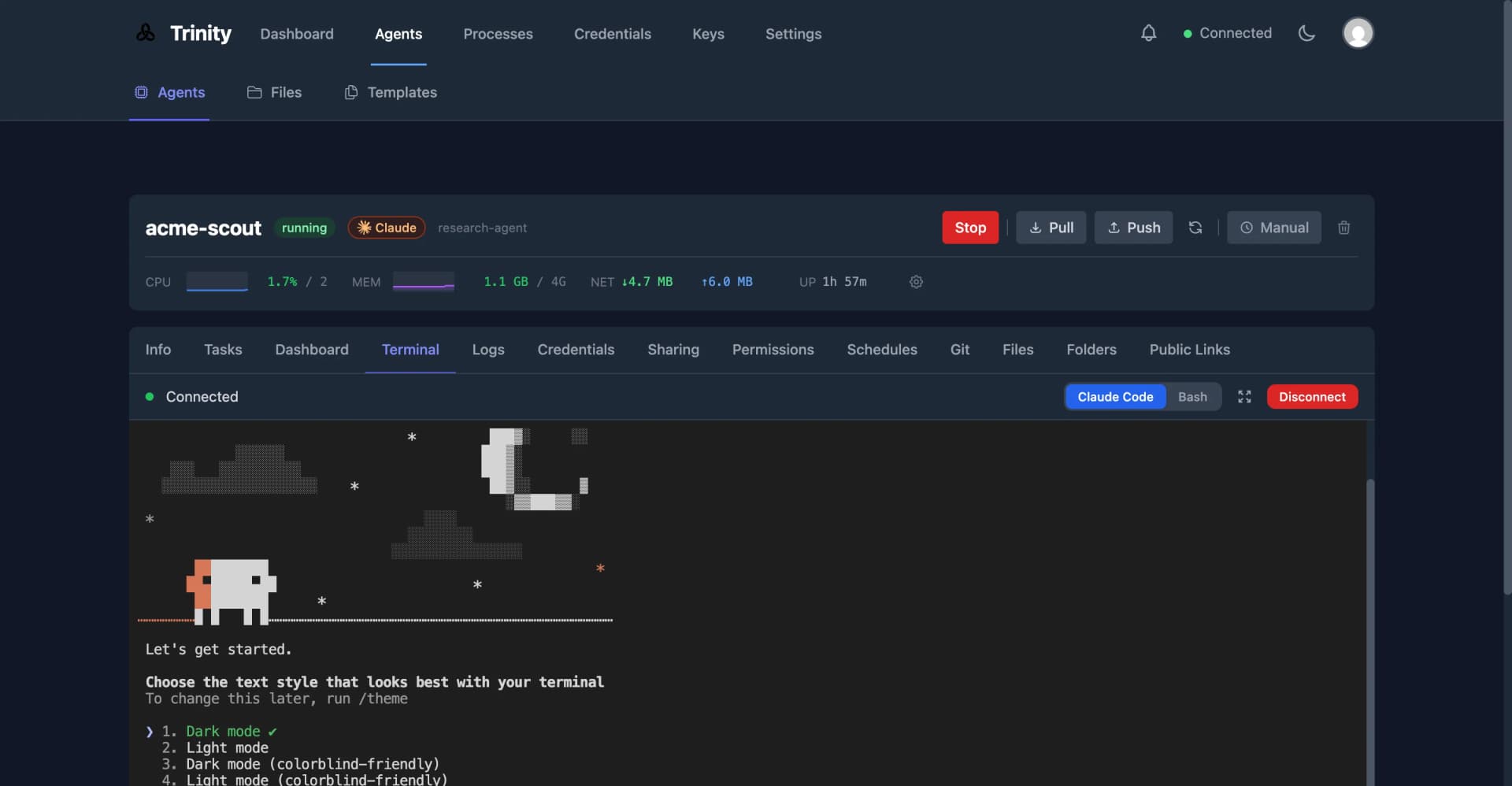 Trinity agent terminal with real-time interaction and resource monitoring