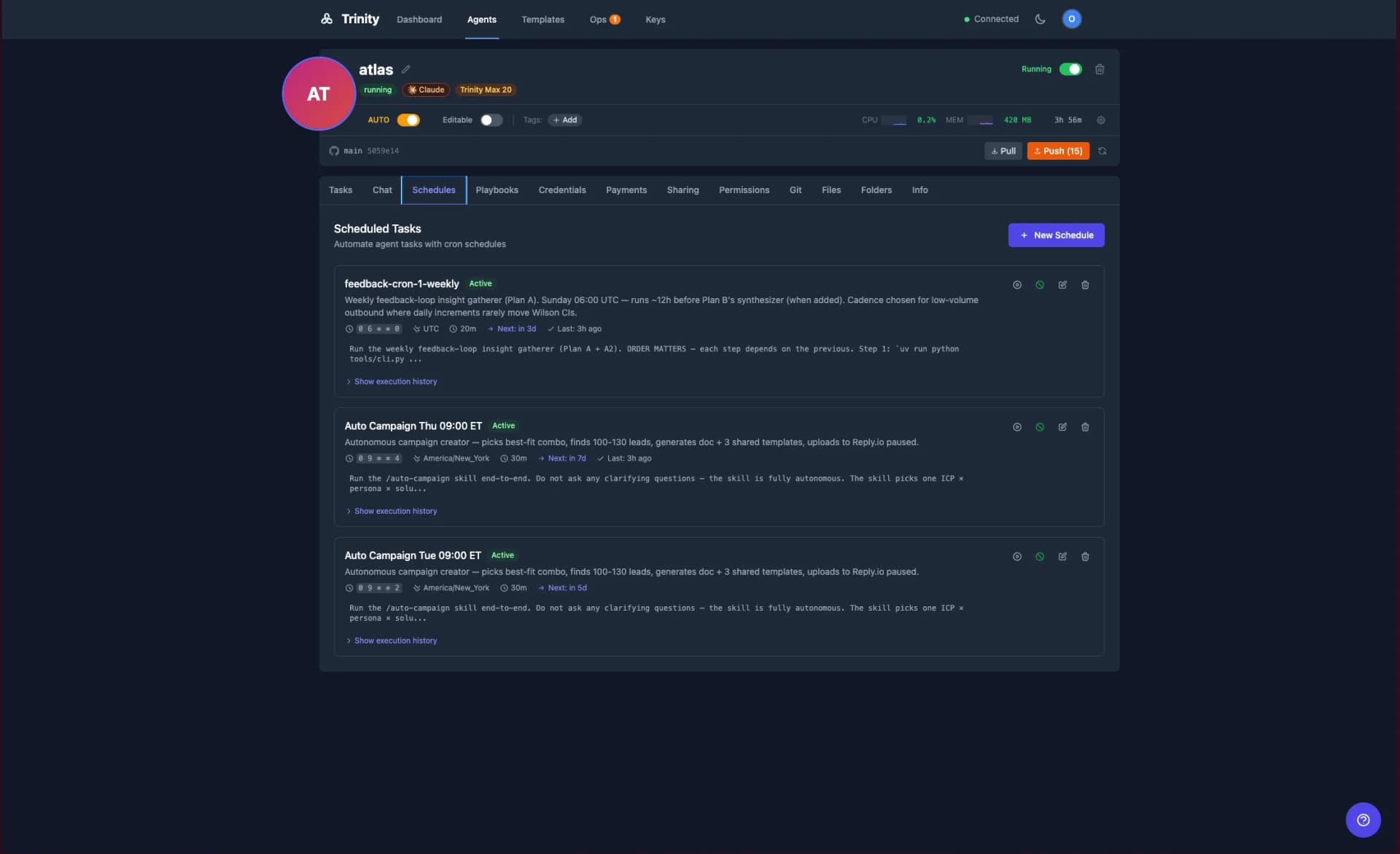 Trinity Schedules tab showing cron-based scheduled tasks for an agent with execution history