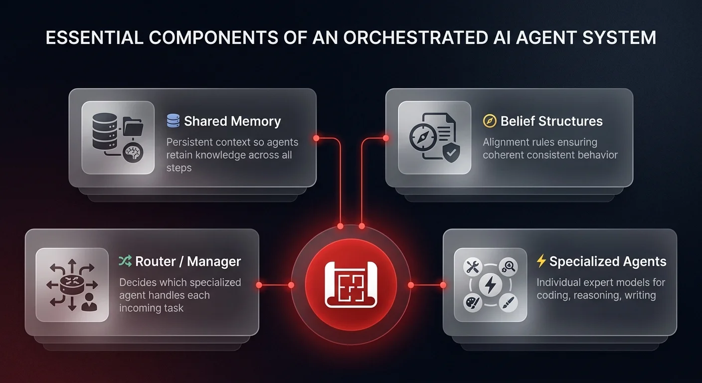 Workflow diagram showing the 4 components of an orchestrated AI agent system — Shared Memory, Belief Structures, Router/Manager, and Specialized Agents — replacing monolithic single-model AI