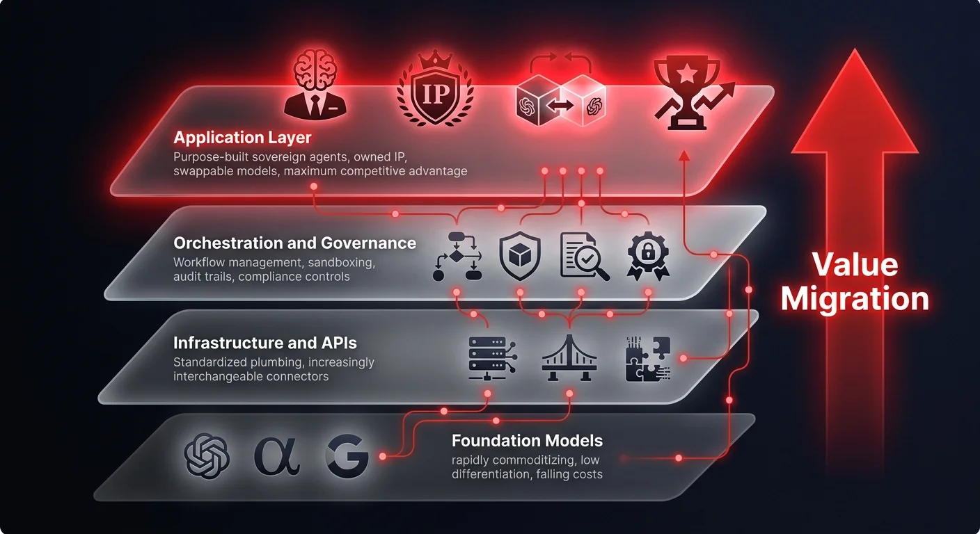 Value migration diagram showing AI business value moving upward from commoditizing foundation models through infrastructure and governance to the sovereign application layer